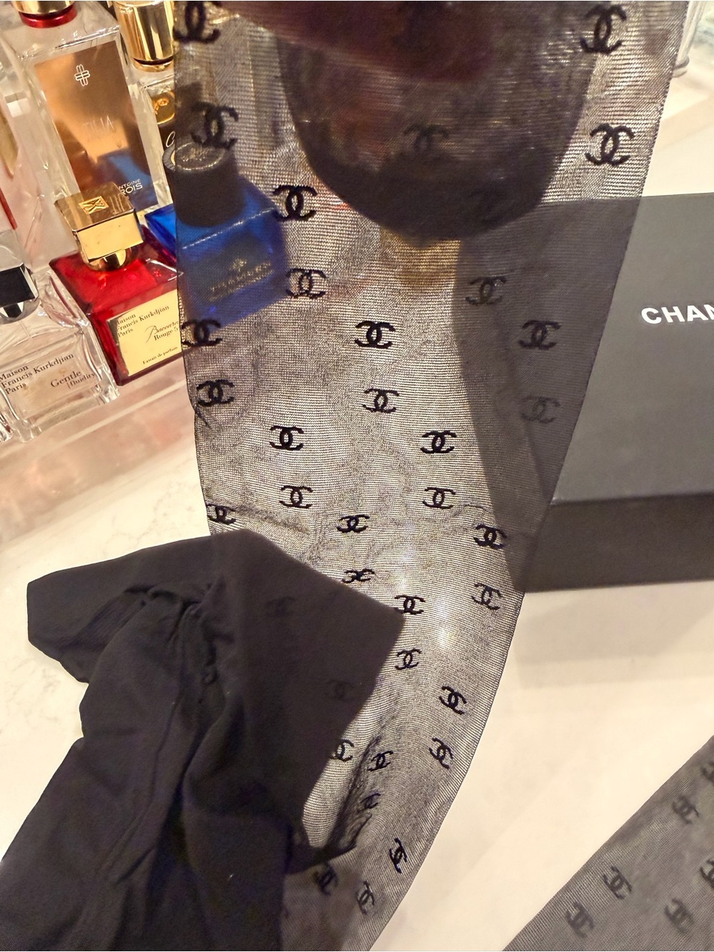 CHANEL Black Sheer Logo Tights with CC Motif